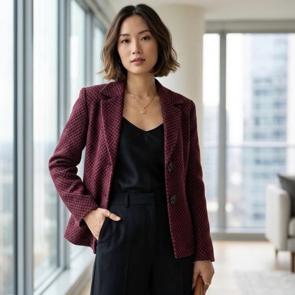 JM Collection Maroon Patterned Blazer - Picture 2 of 9